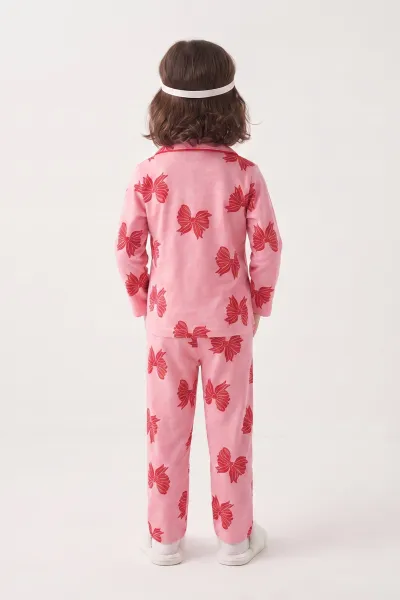 Pembe (4-12 Yaş)  Desenli Önden Düğmeli Göz Bandı Detaylı Kız Çocuk Pijama Takım 473465