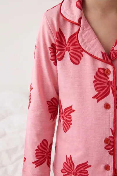 Pembe (4-12 Yaş)  Desenli Önden Düğmeli Göz Bandı Detaylı Kız Çocuk Pijama Takım 473465