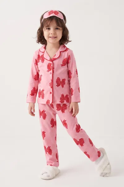 Pembe (4-12 Yaş)  Desenli Önden Düğmeli Göz Bandı Detaylı Kız Çocuk Pijama Takım 473465