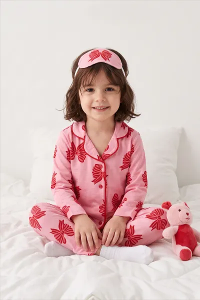 Pembe (4-12 Yaş)  Desenli Önden Düğmeli Göz Bandı Detaylı Kız Çocuk Pijama Takım 473465