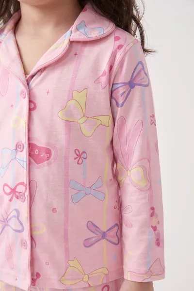 Pembe (4-12 Yaş) Desenli   Uzun Kol  Ön Düğmeli Göz Bandı Detaylı Kız Çocuk Pijama Takım 473646