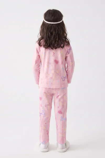 Pembe (4-12 Yaş) Desenli   Uzun Kol  Ön Düğmeli Göz Bandı Detaylı Kız Çocuk Pijama Takım 473646