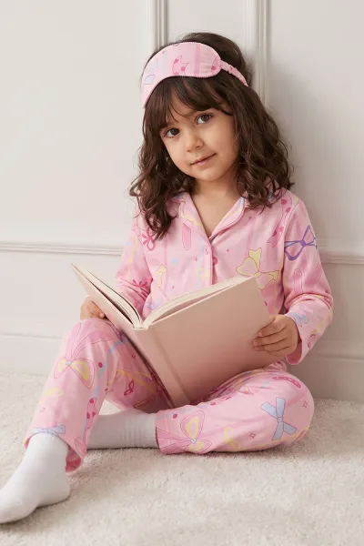 Pembe (4-12 Yaş) Desenli   Uzun Kol  Ön Düğmeli Göz Bandı Detaylı Kız Çocuk Pijama Takım 473646