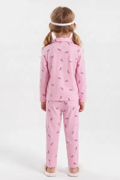 Pembe (4-12 Yaş) Desenli   Uzun Kol  Ön Düğmeli Göz Bandı Detaylı Kız Çocuk Pijama Takım 473652