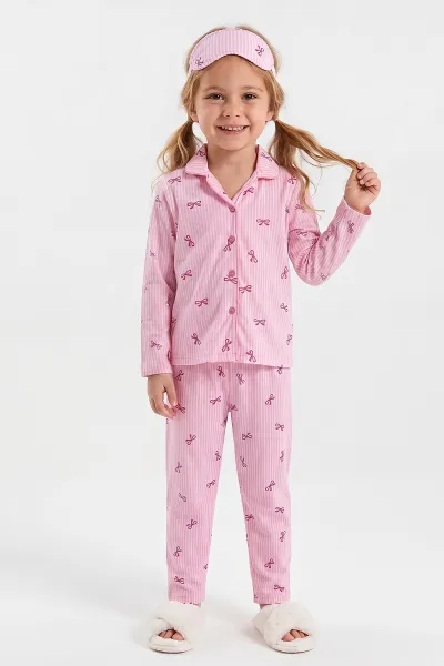 Pembe (4-12 Yaş) Desenli   Uzun Kol  Ön Düğmeli Göz Bandı Detaylı Kız Çocuk Pijama Takım 473652