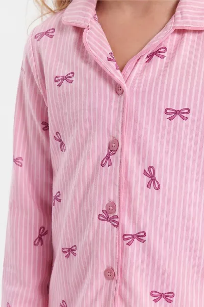 Pembe (4-12 Yaş) Desenli   Uzun Kol  Ön Düğmeli Göz Bandı Detaylı Kız Çocuk Pijama Takım 473652