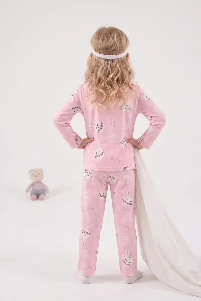 Pembe (4-12 Yaş) Desenli   Uzun Kol  Ön Düğmeli Göz Bandı Detaylı Kız Çocuk Pijama Takım 473660