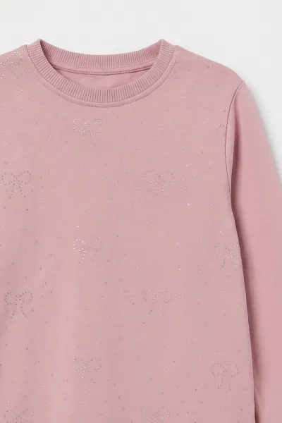Pembe (4-12 Yaş) Fiyonk Taş Baskılı İçi Şardonlu Kız Çocuk Sweatshirt 498567