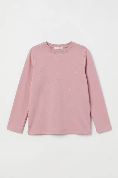 Pembe (4-12 Yaş) Fiyonk Taş Baskılı İçi Şardonlu Kız Çocuk Sweatshirt 498567