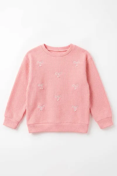 Pembe (4-12 Yaş) İncili Fiyonk Nakışlı Kız Çocuk Sweat 493740