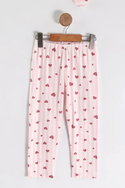 Pembe (4-12 Yaş) Kalp Baskılı Kısa Kol Ön Düğmeli Göz Bandı Detaylı Kız Çocuk Pijama Takım 453261