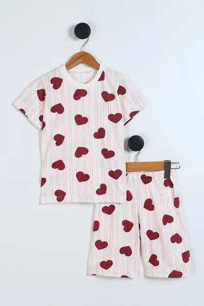Pembe (4-12 Yaş) Kalp Desenli Kısa Kol ve Şortlu Yazlık Kız Çocuk Pijama Takım 341038