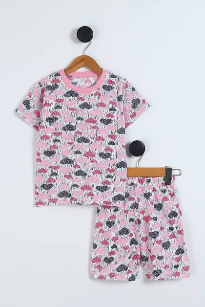 Pembe (4-12 Yaş) Kalp Desenli Kısa Kol ve Şortlu Yazlık Kız Çocuk Pijama Takım 341043