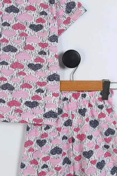 Pembe (4-12 Yaş) Kalp Desenli Kısa Kol ve Şortlu Yazlık Kız Çocuk Pijama Takım 341043