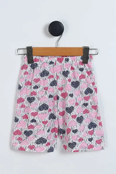 Pembe (4-12 Yaş) Kalp Desenli Kısa Kol ve Şortlu Yazlık Kız Çocuk Pijama Takım 341043