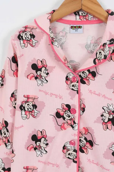 Pembe (4-12 Yaş) Karakter Baskılı Ön Düğmeli Göz Bandı Detaylı Kız Çocuk Pijama Takım 337925