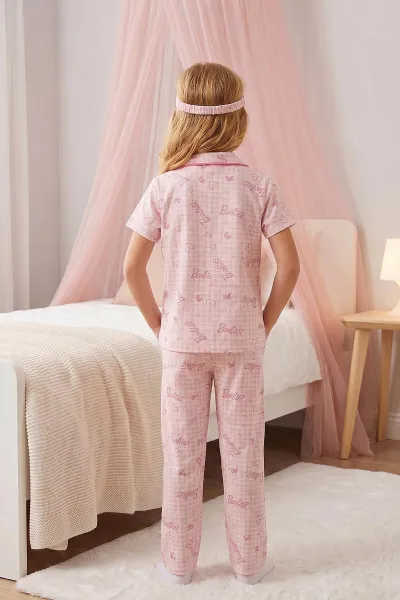 Pembe (4-12 Yaş) Karakter Desenli Kıl Biyeli Göz Bandı Detaylı Kız Çocuk Pijama Takım 460897
