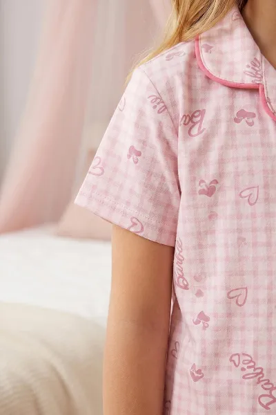 Pembe (4-12 Yaş) Karakter Desenli Kıl Biyeli Göz Bandı Detaylı Kız Çocuk Pijama Takım 460897