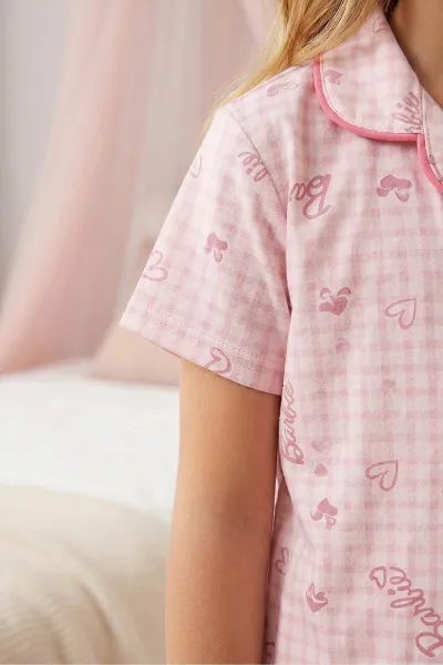 Pembe (4-12 Yaş) Karakter Desenli Kıl Biyeli Göz Bandı Detaylı Şortlu Kız Çocuk Pijama Takım 460888