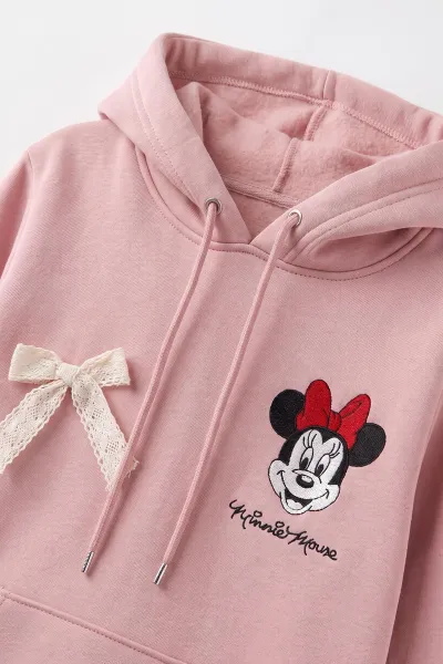 Pembe (4-12 Yaş) Karakter Nakışlı Kapüşonlu 3 İp Şardonlu Kız Çocuk Sweatshirt 495038