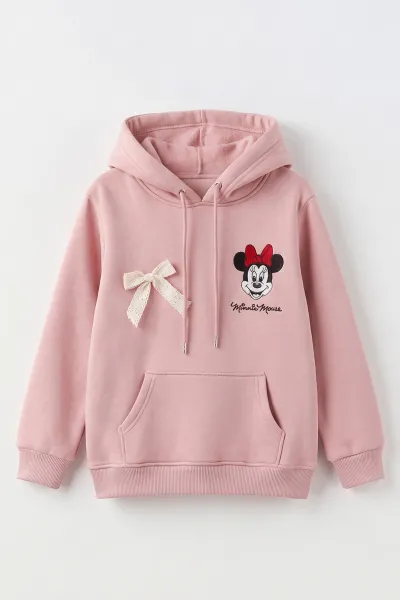 Pembe (4-12 Yaş) Karakter Nakışlı Kapüşonlu 3 İp Şardonlu Kız Çocuk Sweatshirt 495038