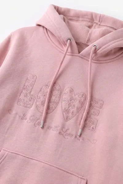 Pembe (4-12 Yaş) Love Nakışlı Kapüşonlu 3 İp Şardonlu Kız Çocuk Sweatshirt 495033