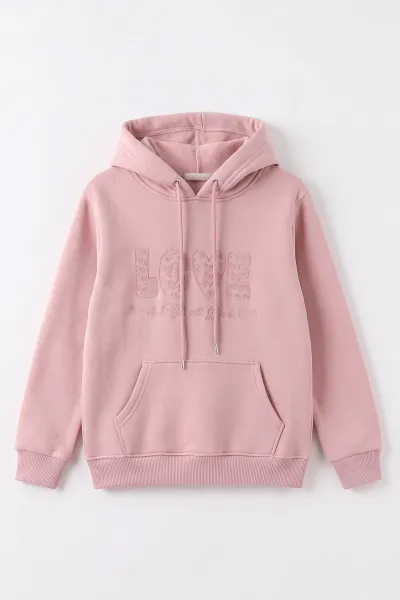 Pembe (4-12 Yaş) Love Nakışlı Kapüşonlu 3 İp Şardonlu Kız Çocuk Sweatshirt 495033