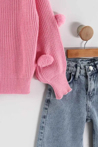 Pembe (4-12  Yaş)  Ponponlu Triko Kazaklı Kot Pantolonlu Kız Çocuk Takım 443356