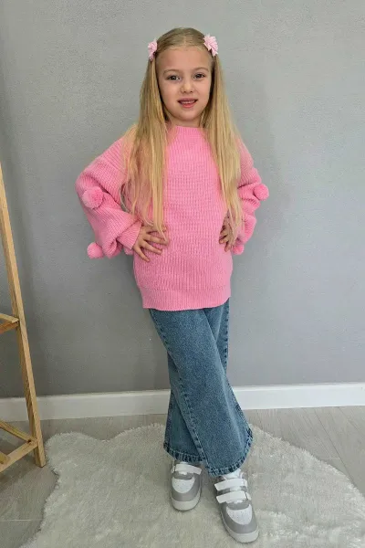 Pembe (4-12  Yaş)  Ponponlu Triko Kazaklı Kot Pantolonlu Kız Çocuk Takım 443356