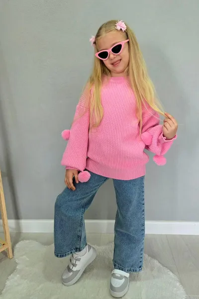 Pembe (4-12  Yaş)  Ponponlu Triko Kazaklı Kot Pantolonlu Kız Çocuk Takım 443356