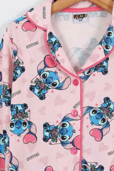 Pembe (4-12 Yaş) Uçan Kalp Baskılı Ön Düğmeli Göz Bandı Detaylı Kız Çocuk Pijama Takım 337936