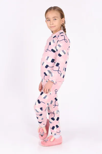 Pembe (4-12 Yaş)Eldiven  Desenli Polar Kumaş Kız Çocuk Pijama Takımı 327474