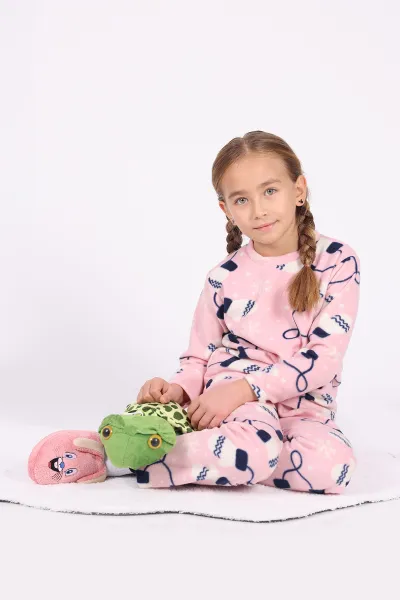 Pembe (4-12 Yaş)Eldiven  Desenli Polar Kumaş Kız Çocuk Pijama Takımı 327474