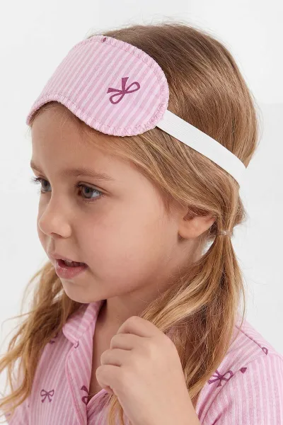 Pembe (4-12 Yaş)Fiyonk  Baskılı Kısa Kol Ön Düğmeli Göz Bandı Detaylı Kız Çocuk Pijama Takım 453258