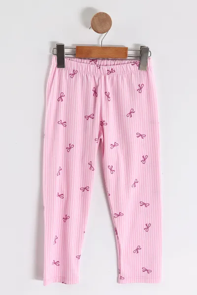 Pembe (4-12 Yaş)Fiyonk  Baskılı Kısa Kol Ön Düğmeli Göz Bandı Detaylı Kız Çocuk Pijama Takım 453258
