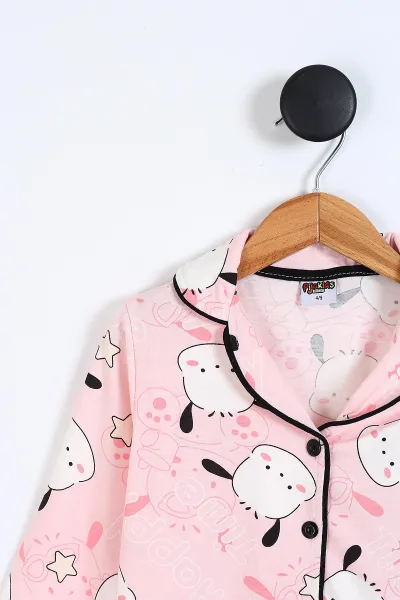 Pembe (4-12 Yaş)Happy Time Baskılı Ön Düğmeli Göz Bandı Detaylı Kız Çocuk Pijama Takım 337897