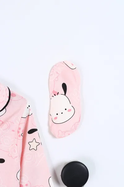 Pembe (4-12 Yaş)Happy Time Baskılı Ön Düğmeli Göz Bandı Detaylı Kız Çocuk Pijama Takım 337897