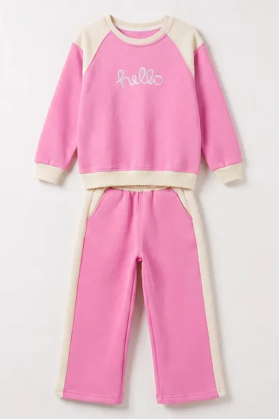 Pembe (4-12 Yaş)Hello Nakışlı 3 İp Şardonlu Bol Paça Kız Çocuk Kışlık Takım 490336