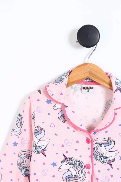 Pembe (4-12 Yaş)Kalp ve Yıldız  Baskılı Ön Düğmeli Göz Bandı Detaylı Kız Çocuk Pijama Takım 337929