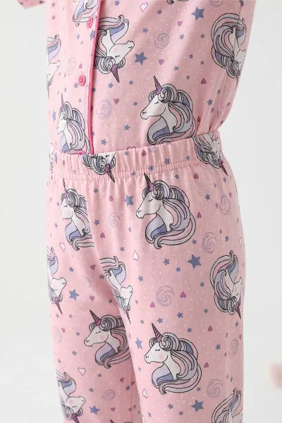 Pembe (4-12 Yaş)Karakter  Baskılı Kısa Kol Ön Düğmeli Göz Bandı Detaylı Kız Çocuk Pijama Takım 453237