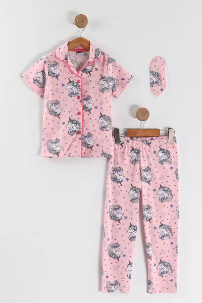 Pembe (4-12 Yaş)Karakter  Baskılı Kısa Kol Ön Düğmeli Göz Bandı Detaylı Kız Çocuk Pijama Takım 453237