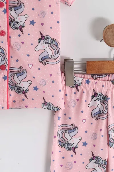 Pembe (4-12 Yaş)Karakter  Baskılı Kısa Kol Ön Düğmeli Göz Bandı Detaylı Kız Çocuk Pijama Takım 453237
