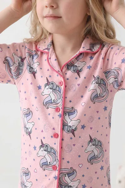 Pembe (4-12 Yaş)Karakter  Baskılı Kısa Kol Ön Düğmeli Göz Bandı Detaylı Kız Çocuk Pijama Takım 453237