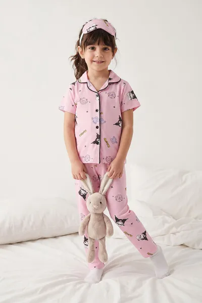 Pembe (4-12 Yaş)Karakter  Baskılı Kısa Kol Ön Düğmeli Göz Bandı Detaylı Kız Çocuk Pijama Takım 453245