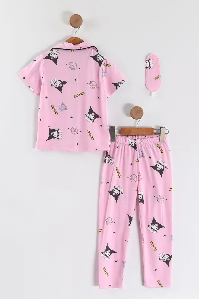 Pembe (4-12 Yaş)Karakter  Baskılı Kısa Kol Ön Düğmeli Göz Bandı Detaylı Kız Çocuk Pijama Takım 453245