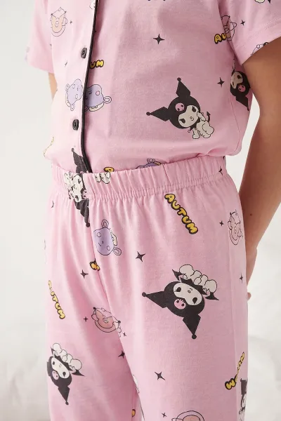 Pembe (4-12 Yaş)Karakter  Baskılı Kısa Kol Ön Düğmeli Göz Bandı Detaylı Kız Çocuk Pijama Takım 453245