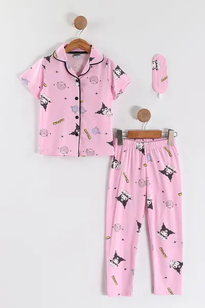 Pembe (4-12 Yaş)Karakter  Baskılı Kısa Kol Ön Düğmeli Göz Bandı Detaylı Kız Çocuk Pijama Takım 453245