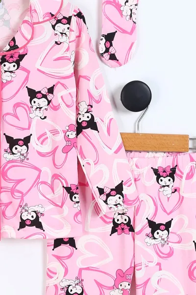 Pembe (4-12 Yaş)Karakter  Baskılı Ön Düğmeli Göz Bandı Detaylı Kız Çocuk Pijama Takım 337918