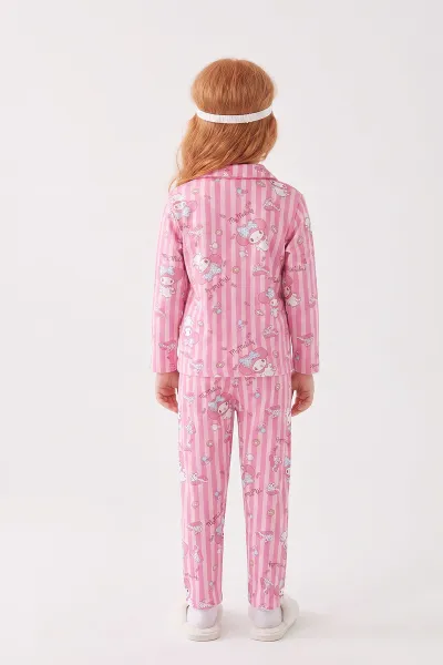 Pembe (4-12 Yaş)Karakter  Desenli   Uzun Kol  Ön Düğmeli Göz Bandı Detaylı Kız Çocuk Pijama Takım 473663