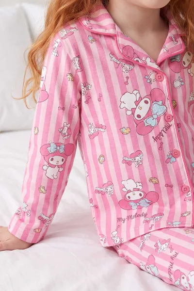 Pembe (4-12 Yaş)Karakter  Desenli   Uzun Kol  Ön Düğmeli Göz Bandı Detaylı Kız Çocuk Pijama Takım 473663